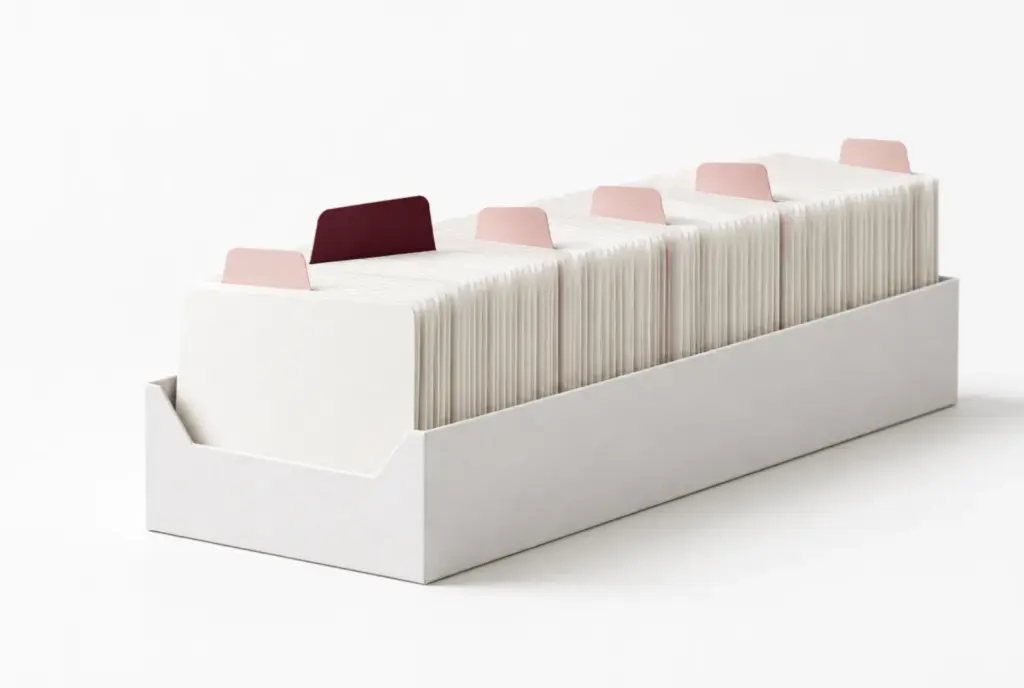 Paper card file with a long row of index cards and one burgundy tab raised