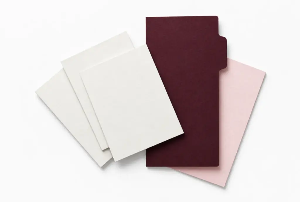 Paper still life of three blank index cards beside a burgundy divider