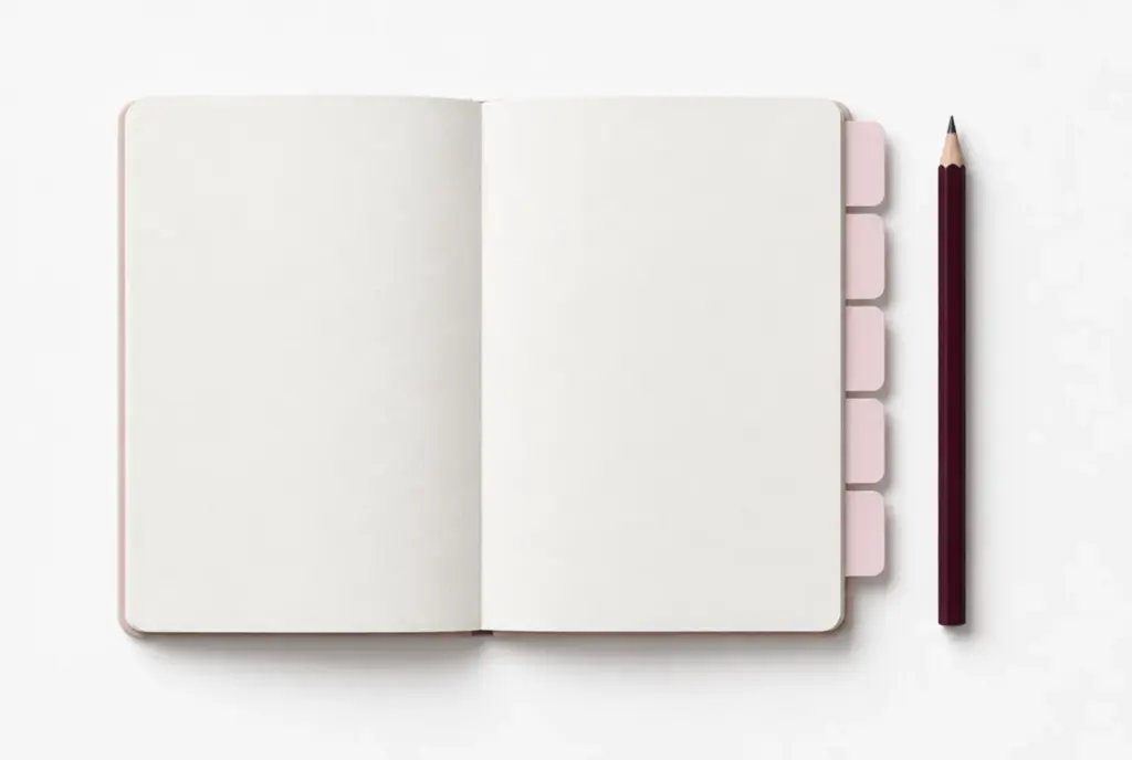 Open blank notebook with blush tabs and a burgundy pencil