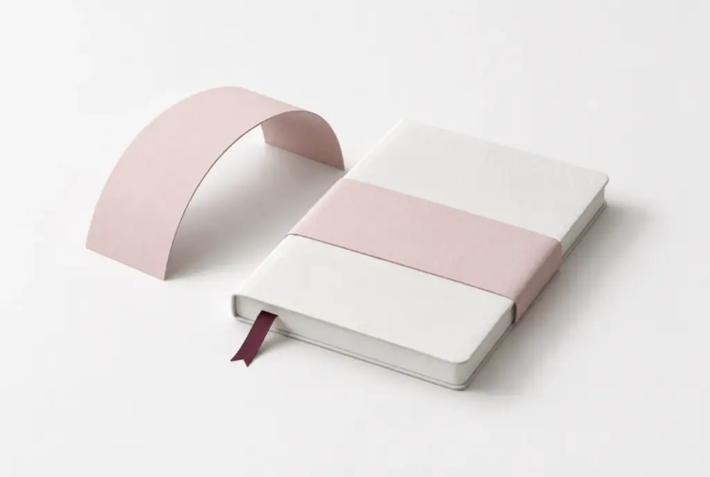 Closed notebook with a blush band and burgundy bookmark under a curved paper arc